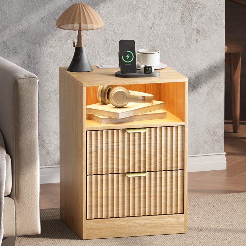 Table de chevet moderne à 2 tiroirs avec lumière DEL et station de charge, table de chevet en bois d'ingénierie avec prises USB et tablette ouverte pour la chambre à coucher et le salon (ensemble de 2)