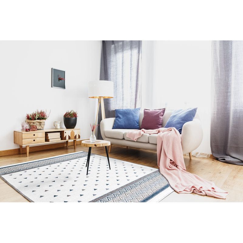 Alfa Rich Geometric Blue White Cream Washable Cotton Area Rugs for Living Room Bedroom Kitchen, Rectangle 4'1" x 5'9"