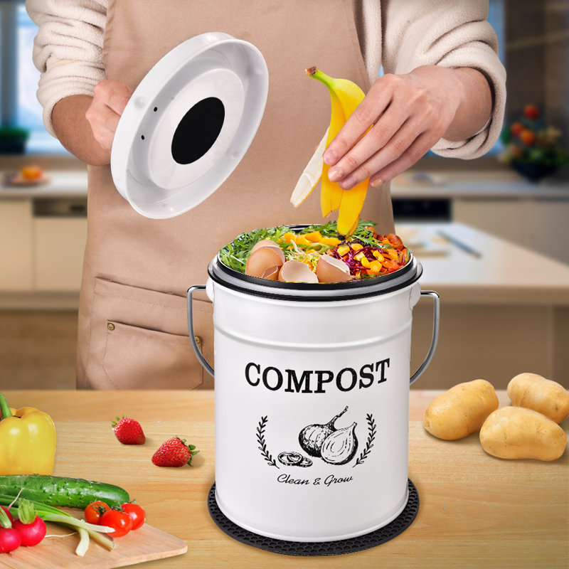 White 1.0 Gallon Metal Kitchen Compost Bin with Lid