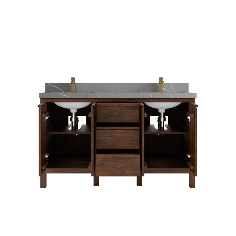 Ensemble de meuble-lavabo double 60 po Teak, Gris Piatra