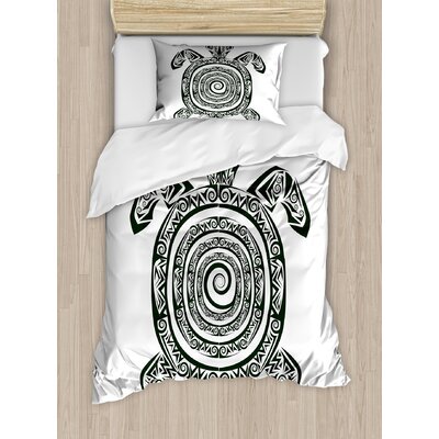 Turtle Maori Tattoo Style Figure of Sea Animal Tribal Spiral Form Ancient Tropical Duvet Cover Set -  Ambesonne, nev_35226_twin
