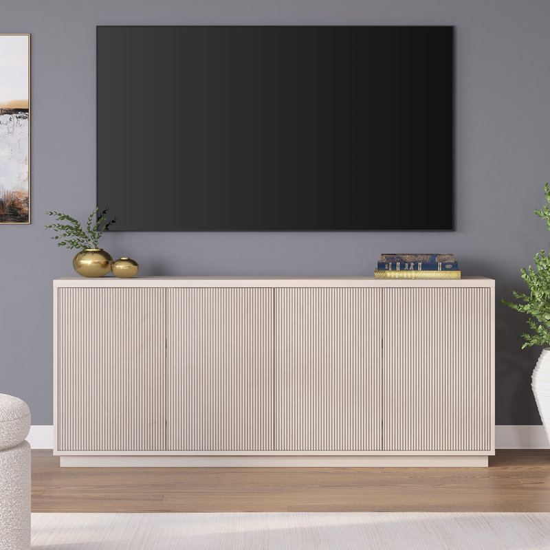 Alston 68" Mid-Century Modern Buffet Table in Alder White with Adjustable Shelves & Cable Management | Fluted Sideboard for Dining Room