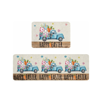 Happy Easter Blue Truck Kitchen Mats, 2 Pack for Kitchen & Holiday Home Decor