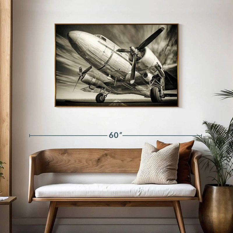 Avion rétro monochrome, Cadre flottant doré, 43 po x 29 po