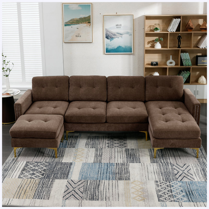 Canapé modulaire convertible en L de 110 po avec repose-pieds mobile pour salon, appartement, bureau, brun