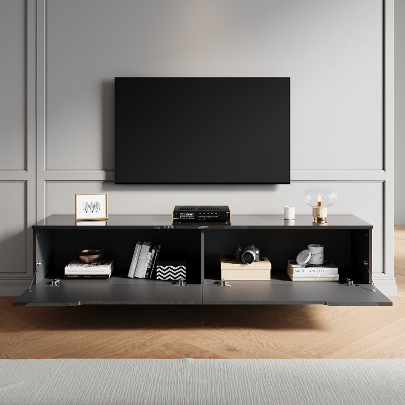 Floating TV Cabinet with RGB LED Light, Wall Mounted TV Stand, Soft Close Flip Doors Cable Hole, 30cm H x 160cm W x 35cm D