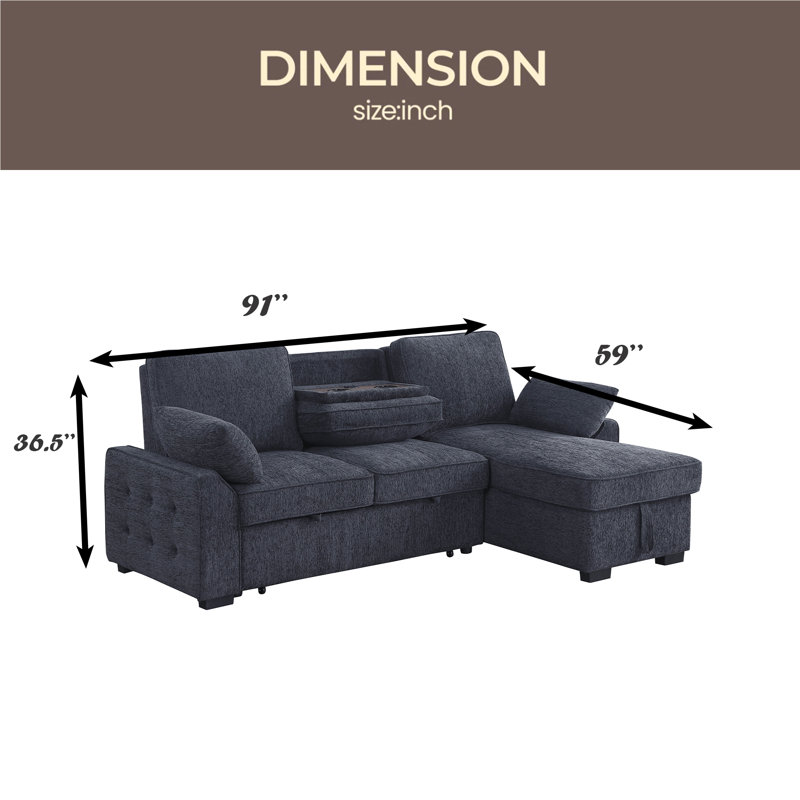 91"W Fabric Reversible Sleeper Sectional With Storage Chaise, Drop-Down Table, Cup Holders And Charging Ports