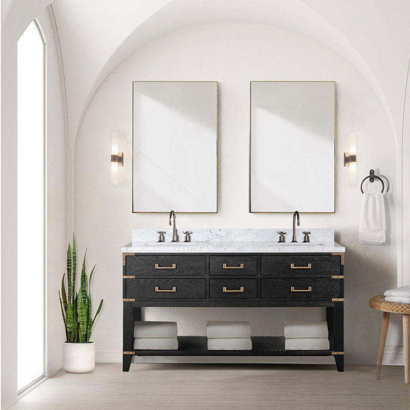 60 po Meuble-lavabo double en chêne noir avec fermeture en douceur, 4 tiroirs et armoire ouverte, bois massif, tablette à installation rapide, salle de bain avec rangement généreux