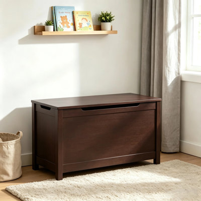 31.5 Inch Brown Wooden Toy Storage Chest Bench with Safety Hinge Flip-Top Storage Trunk, Multi-Purpose Storage Ottoman Box by Rebrilliant