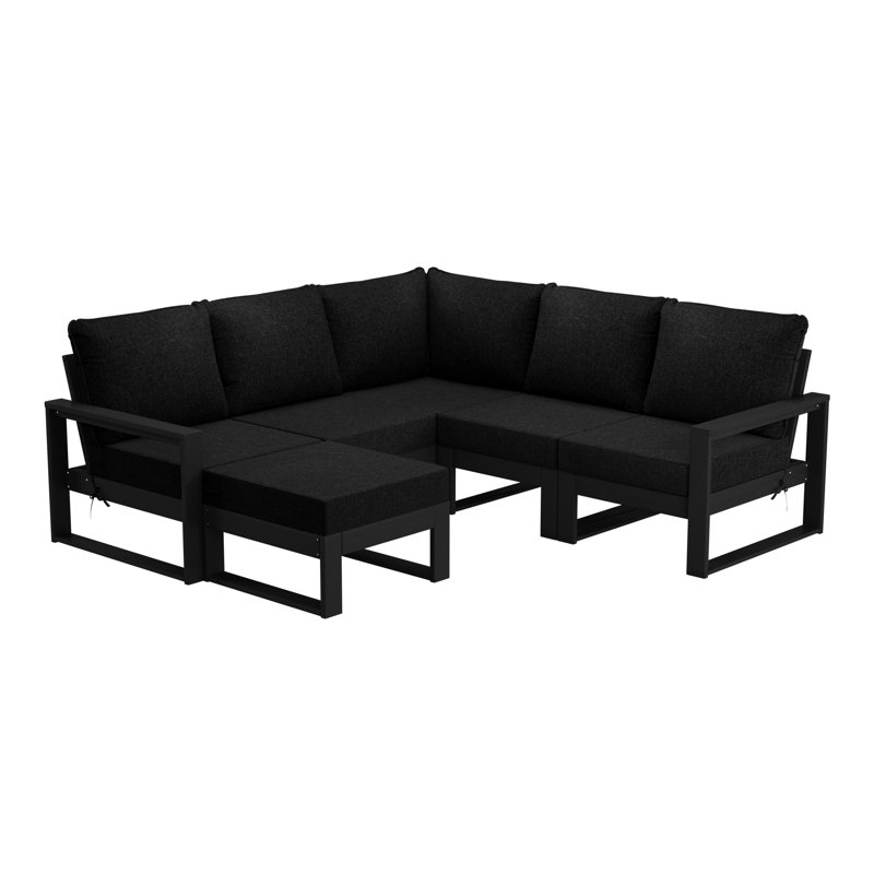Ensemble de conversation de terrasse avec repose-pieds et cadre 6 pièces, Noir, noir, noir, noir, Noir, noir, noir, noir