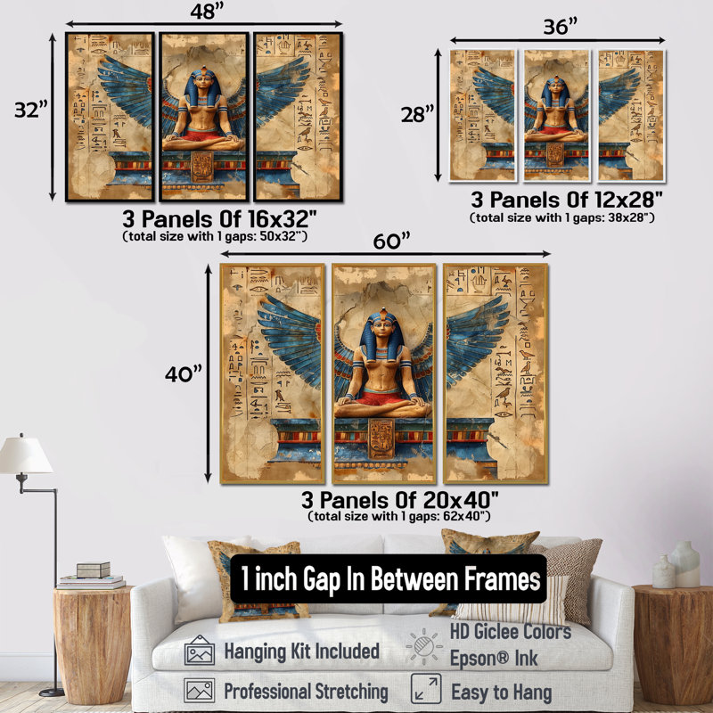Bleu et beige, déesse égyptienne I - ensemble d'art mural égyptien, H 28 po x l 36 po x P 1 po