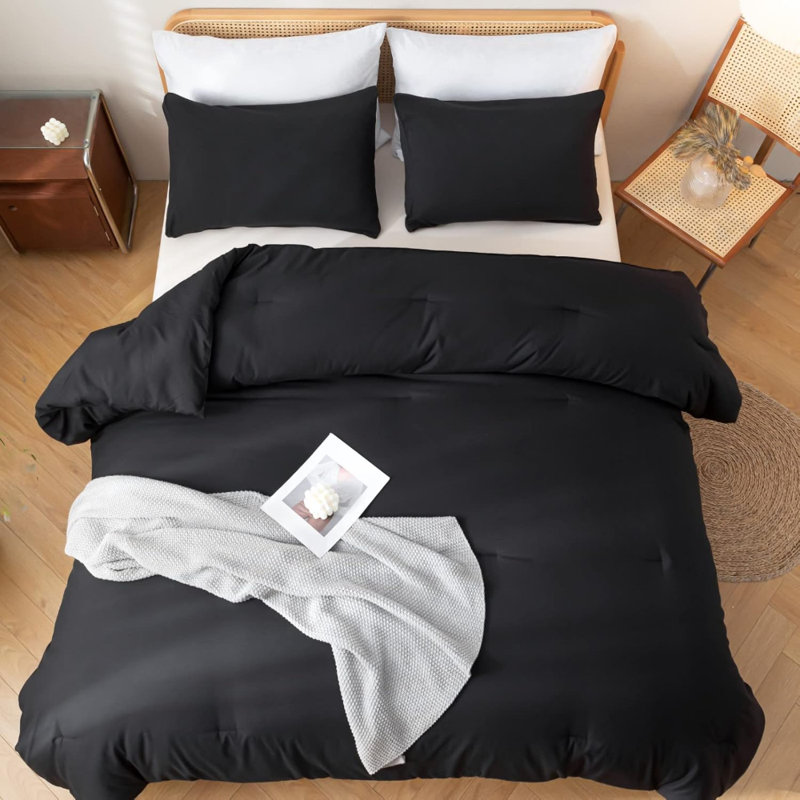 Ensemble d'édredon simple noir pour filles et garçons, 1 édredon noir Boho et 1 taie d'oreiller, matériau en microfibre douce et chaude, style bohème neutre, idéal pour les dortoirs