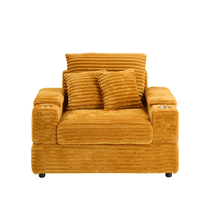 Modern Orange Corduroy Sofa With Storage, Compact Design For Home