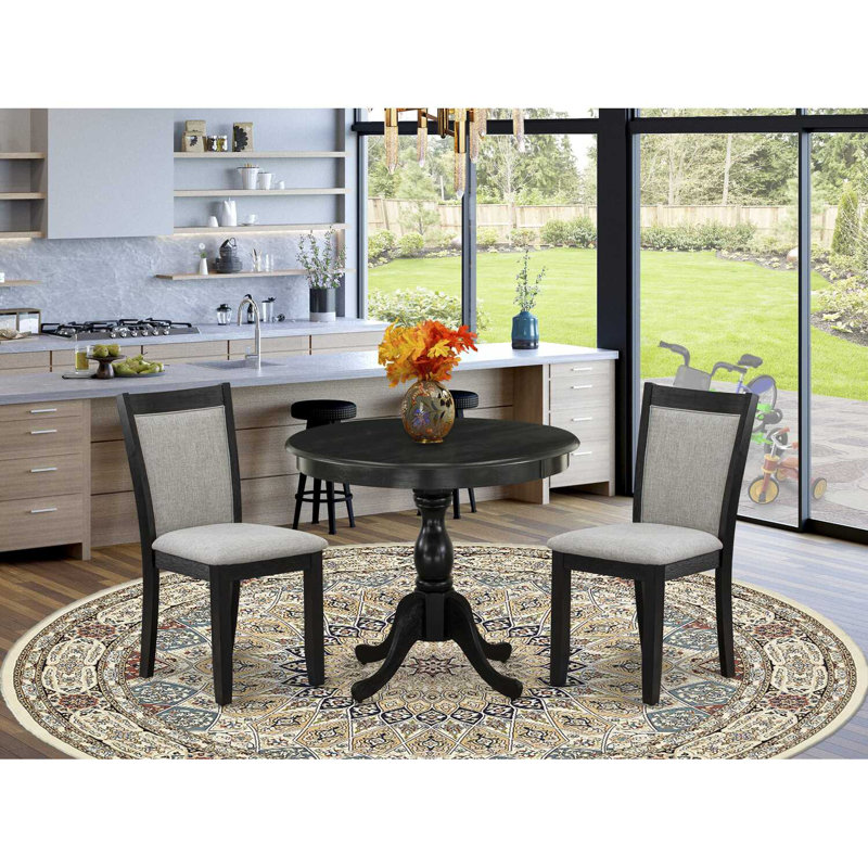 3 Piece Modern Dining Table Set Contains a Round Kitchen Table with Pedestal and 2 Shitake Linen Fabric Upholstered Chairs, Wirebrushed Black