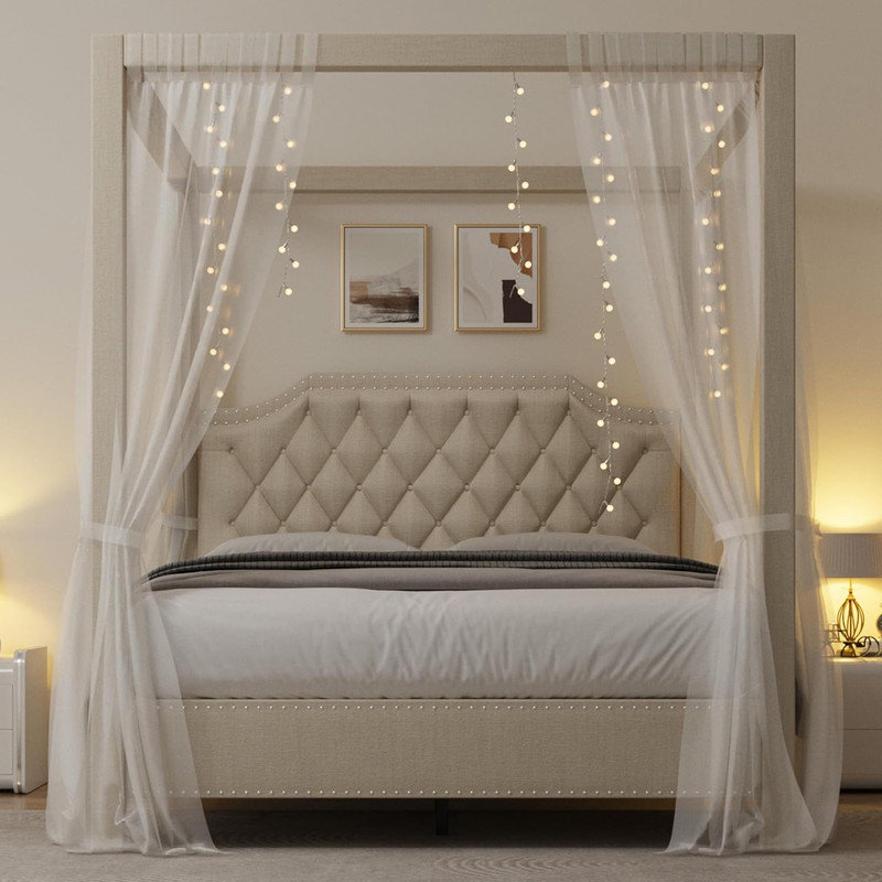 Luxury Upholstered Canopy Bed - Button Tufted Frame with Nailhead Trim, No Box Spring, Beige, Queen