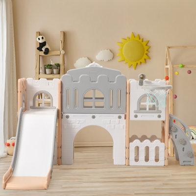 Little Prodigy Kids Playset with Single Slide and Basketball Hoop - HDPE Outdoor Playground with Steering Wheel and Telescope, Powder Gray