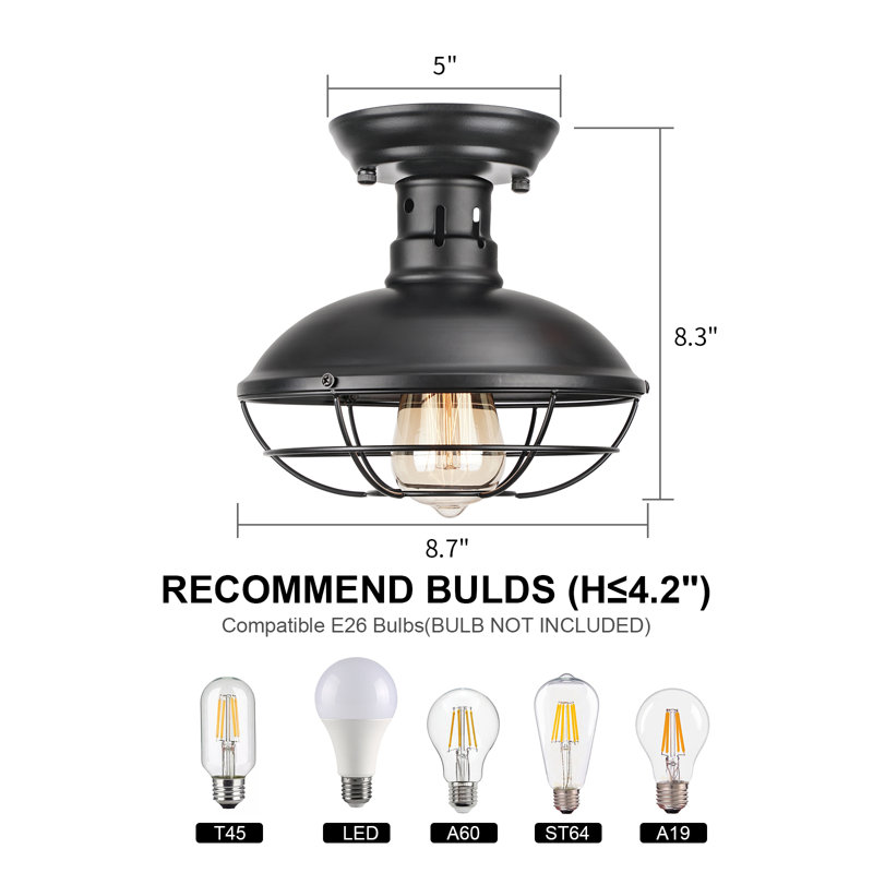1-Light Flush Mount Ceiling Light Industrial Matte Black Cage, Matte Black