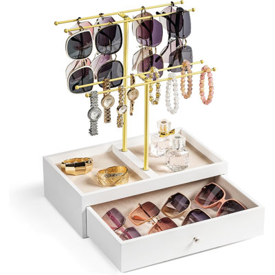 Sunglass Organizer, 2-Tier Sunglasses Display Rack For 20 Pairs Of Eyewear,Gold+White