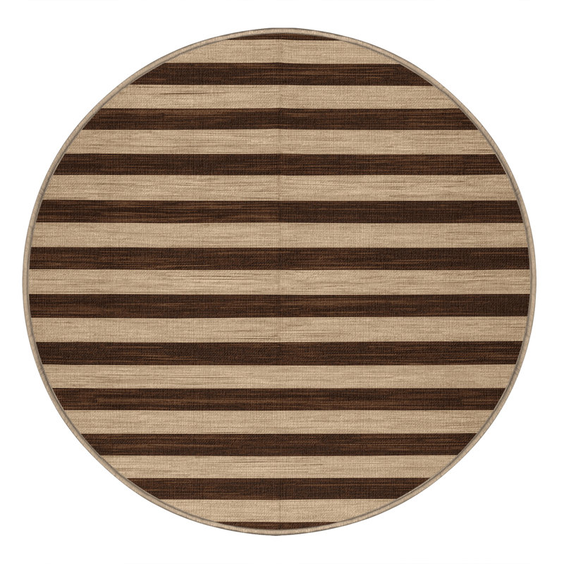 Tapis brun à rayures horizontales lavable à la machine, Rond 3 pi