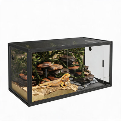 83 Gallon Reptile Terrarium, Tempered Glass Lizard Tank Sliding Doors & Screen Top, Black