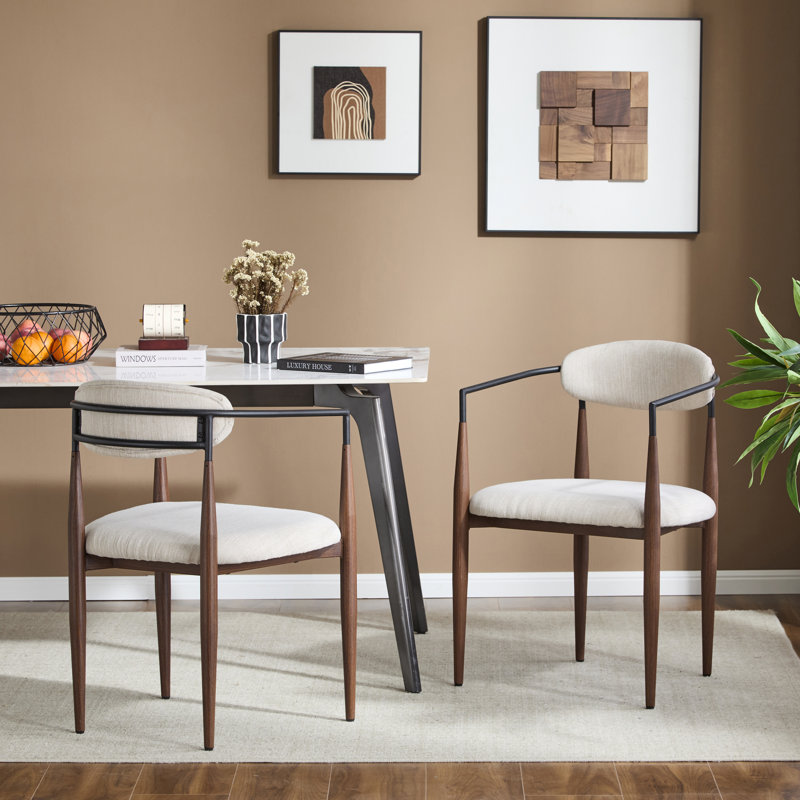 Nayalis Low Back Upholstered Dining Chairs, Beige Fabric, Walnut/Black