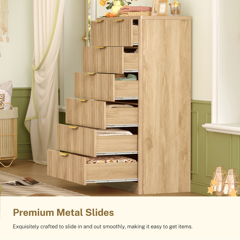 Fluted 7 Drawer Dresser, Wood Chest of Drawers, For Bedroom, Natural, Beige