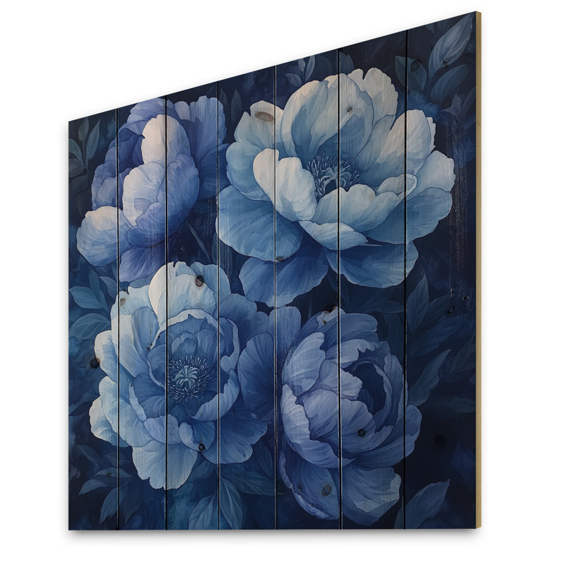 Midnight Blue Peonies Bouquet II - Peonies Wood Print - On Natural Pine Wood, 36" H x 36" W x 0.78" D