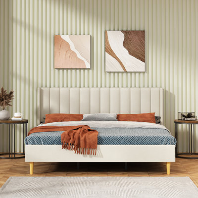 King Upholstered Platform Bed Frame with Wingback Headboard and Wooden Slats, No Box Spring Needed, Beige