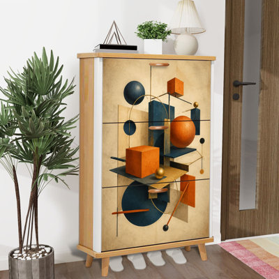 Shoe Storage Cabinet with 3 Flip Drawers for Abstract Geometric Composition Spheres Cubes Blue Orange Shoe Rack Storage Organizer