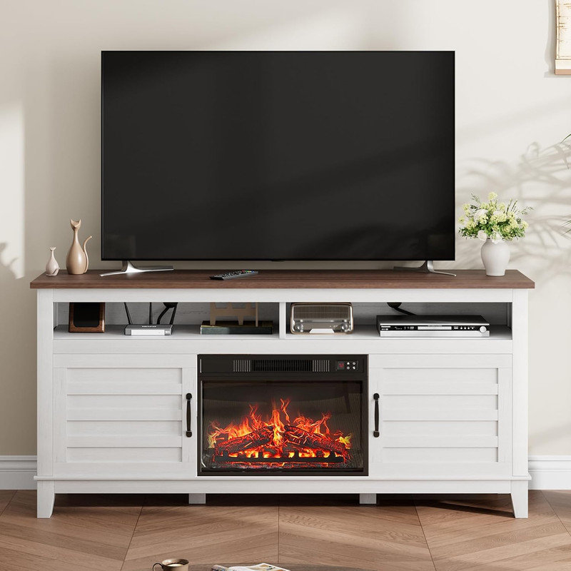 63" Fireplace TV Stand, Entertainment Center with Electric Fireplace & Cabinet Doors, Brown/White