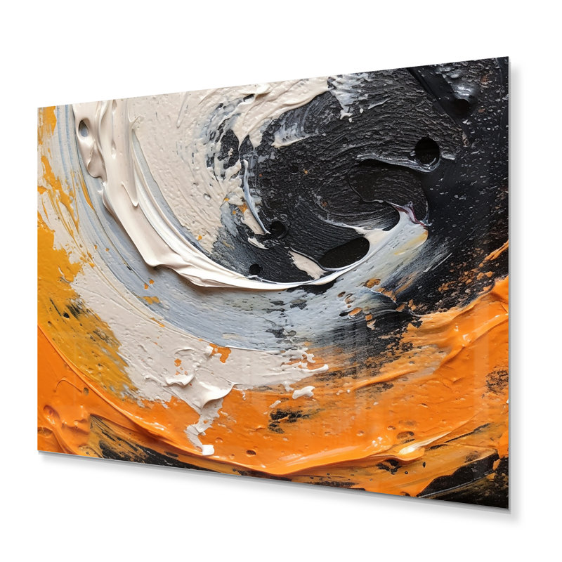 Spirales mystiques orange et noires II - impression sur métal, H 12 po x l 20 po x P 1 po