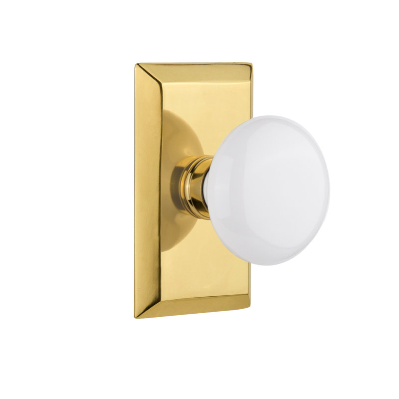 Studio Plate with White Porcelain Door Knob, Polished Brass, 2-3/4”