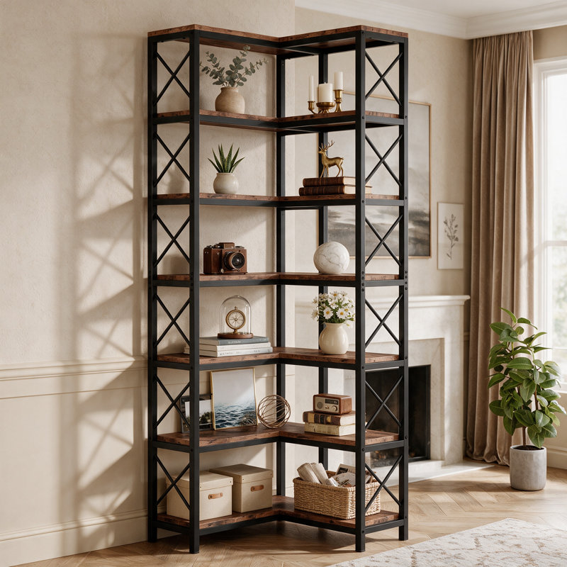 Zukowski Corner Bookcase, Rustic Brown/Black