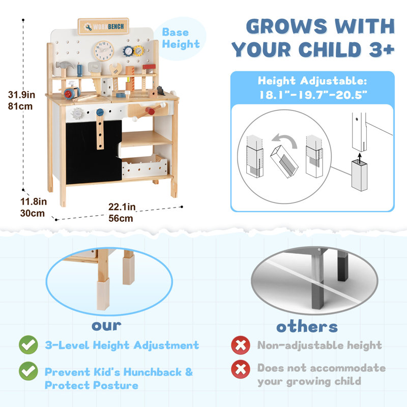 Établi en bois pour enfants avec outils et accessoires de construction, blanc, Blanc