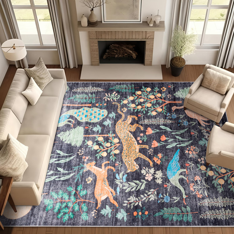 Boho Floral and Animal Print Machine Washable Area Rug, Rectangle 5' x 7'