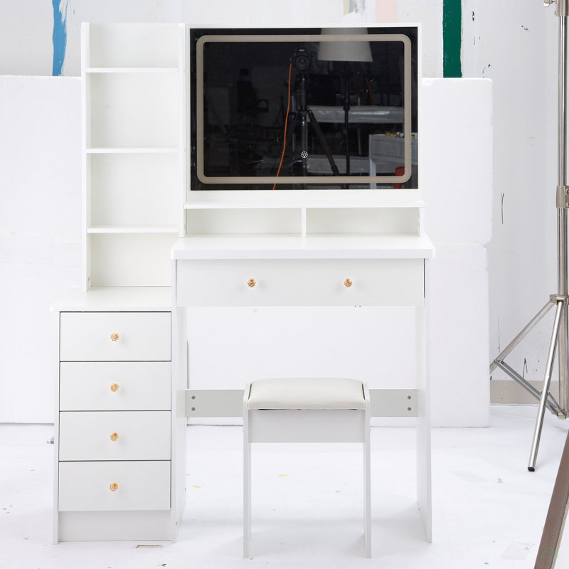41" Large Left Bedside Cabinet Vanity Table+Cushioned Stool, Extra Large Touch Control LED Mirror, White