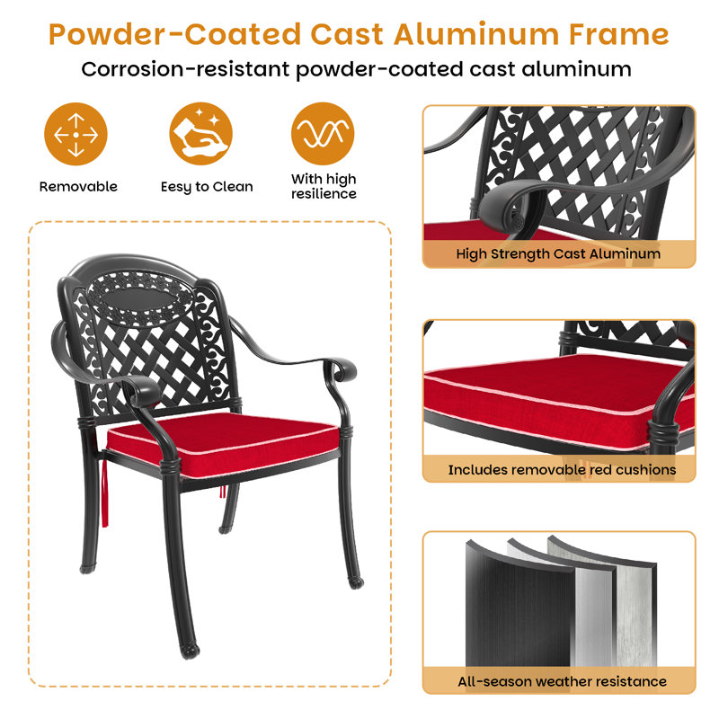 Arbonne 3-Piece 39.37-inch Round Table Cast Aluminum Outdoor Dining Set with Umbrella Hole and Red Cushions
