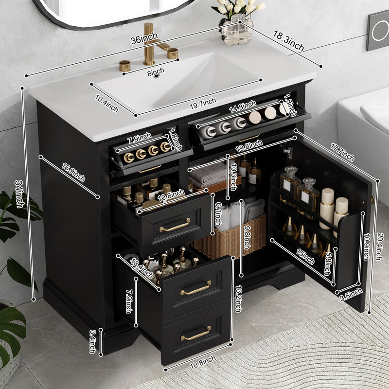 Meuble-lavabo moderne 36 "avec lavabo en céramique, Noir