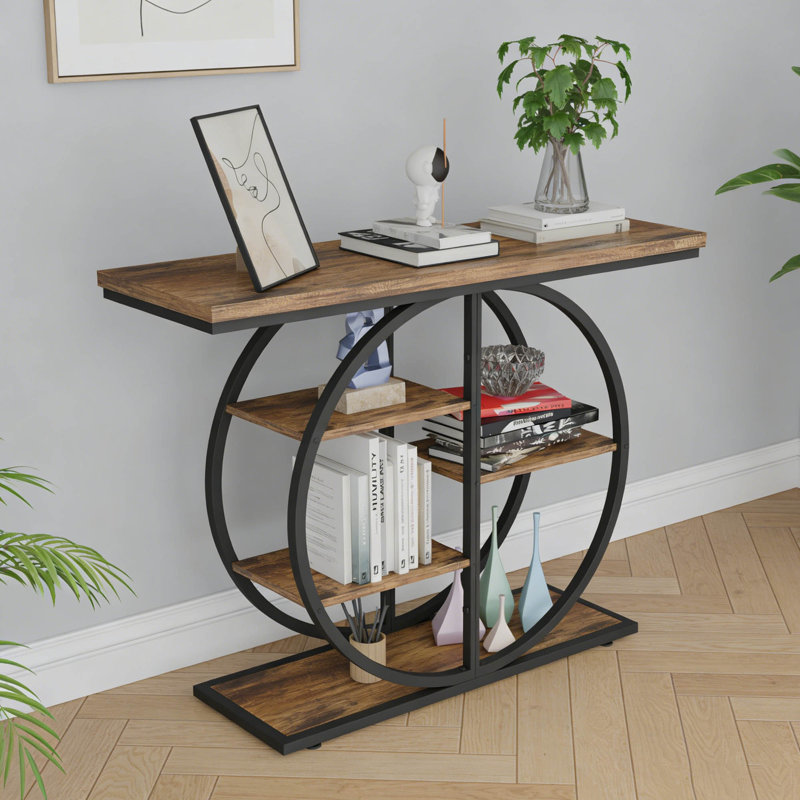 41.3" Industrial Console Table With Storage Shelves, Rustic Brown Circle Base