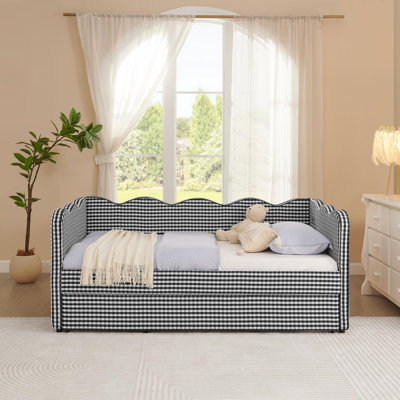 Cozy Gingham Daybed with Trundle  No Box Spring Needed, with USB Port and Adorable Wave Shaped, Linen Fabric