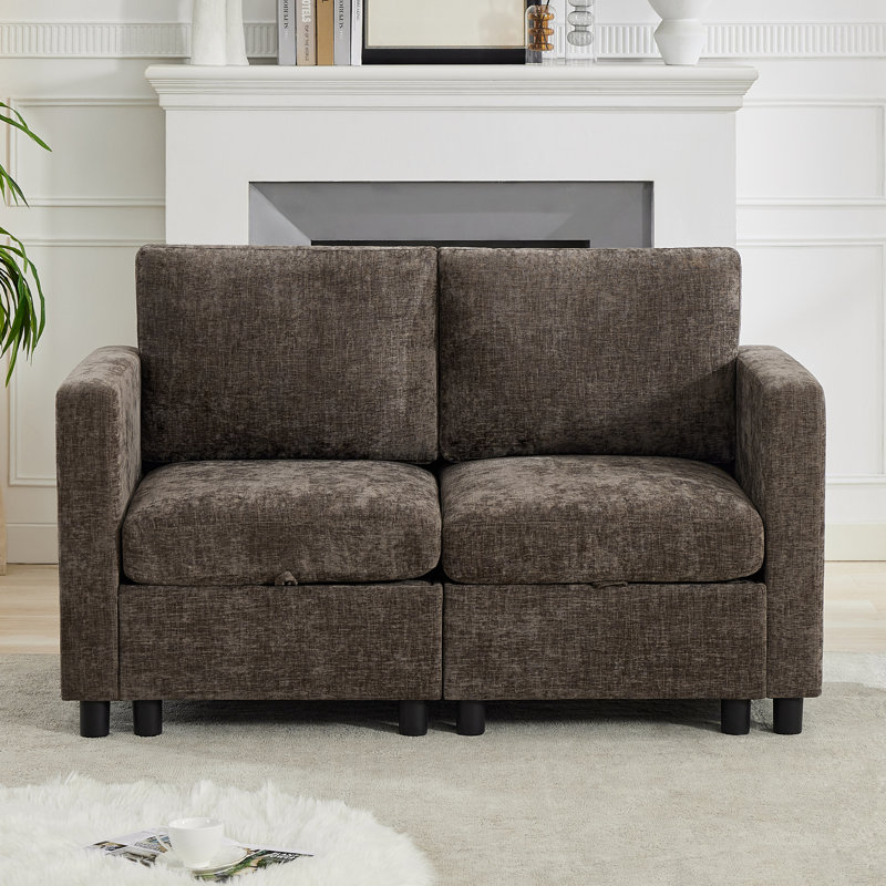 58.3” Upholstered Loveseat Modular Sofa With Under-Seat-Storage, Chenille, Brown Chenille