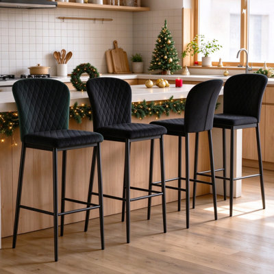 Modern Velvet/Suede Upholstered Bar Stools Diamond Quilted, Armless Counter Height Stools with Backrest, Sturdy Metal Legs with Footrest (Set of 2/4)