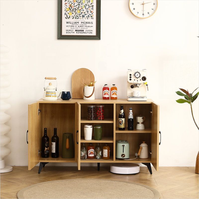 Three-Door Cabinet with Natural Rattan Mesh - Large Storage Space, Kitchen Storage Cabinet .Stable and Durable Structure, Perfect for Living Rooms or Restaurants