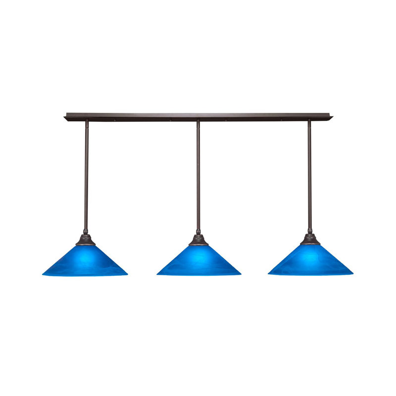 3 Light Stem Hung Linear Pendalier Shown With 16" Blue Italian Glass, Dark Granite