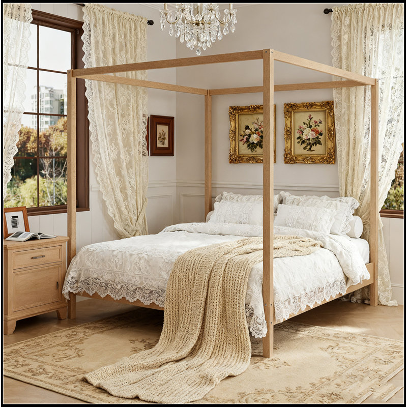 Canopy Bed Frame Four Poster Platform Bed With Slats Support, No Box Spring Needed, Queen