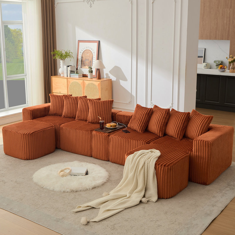 [NEW ARRIVED] [VIDEO PROVIDED] 137.5" U Shaped  Sofa , USB & Wireless Charge, Coffee Table Board With A Cup Holder, Oversize Movable Modular Sofa,Movable Footstool,No Assembly,6 Seats,Corduroy,Orange