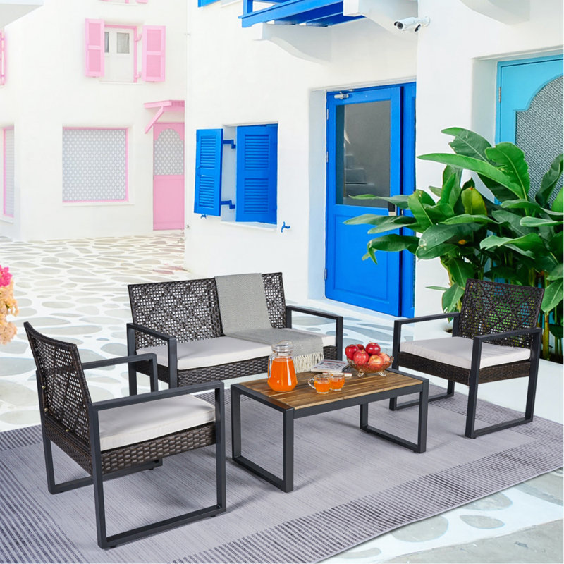 Ensemble de meubles de patio 4 pièces pour balcon, véranda, jardin, jardin, jardin, pelouse, plateau en bois d'acacia, coussin brun et beige Morden