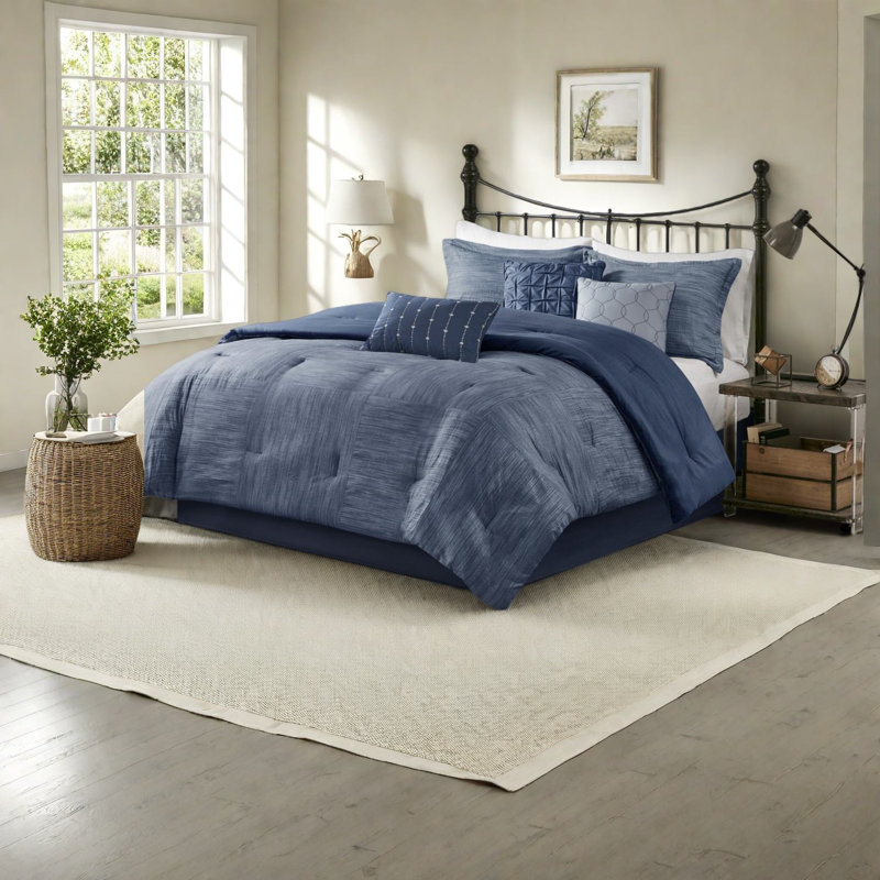 Navy Seersucker Comforter Bedding Sets, Soft Microfiber, Modern Style For Home
