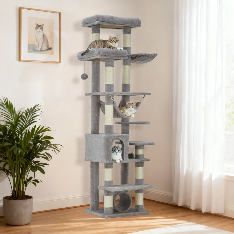 Multi-Level Plush Cat Tree Tower – Thick Natural Sisal Scratching Posts, Wide Anti-Tip Stable Base, Cozy Condo, Hammock & Top Perch – Activity Play Center for Kittens & Adult Cats