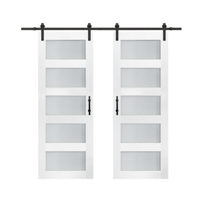S&Z TOPHAND Double Glass Sliding MDF Barn Door With Sliding Door Hardware Kit, 5 Tempered Frosted Glass, Slab Inside Covered With Water-Proof PVC Surface, Simple DIY Assembly